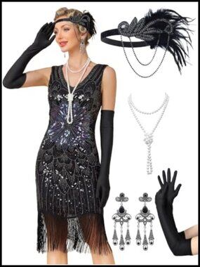 Flapper Dress Sequin Fringe Cocktail Costume Set with Headband Gloves Fan